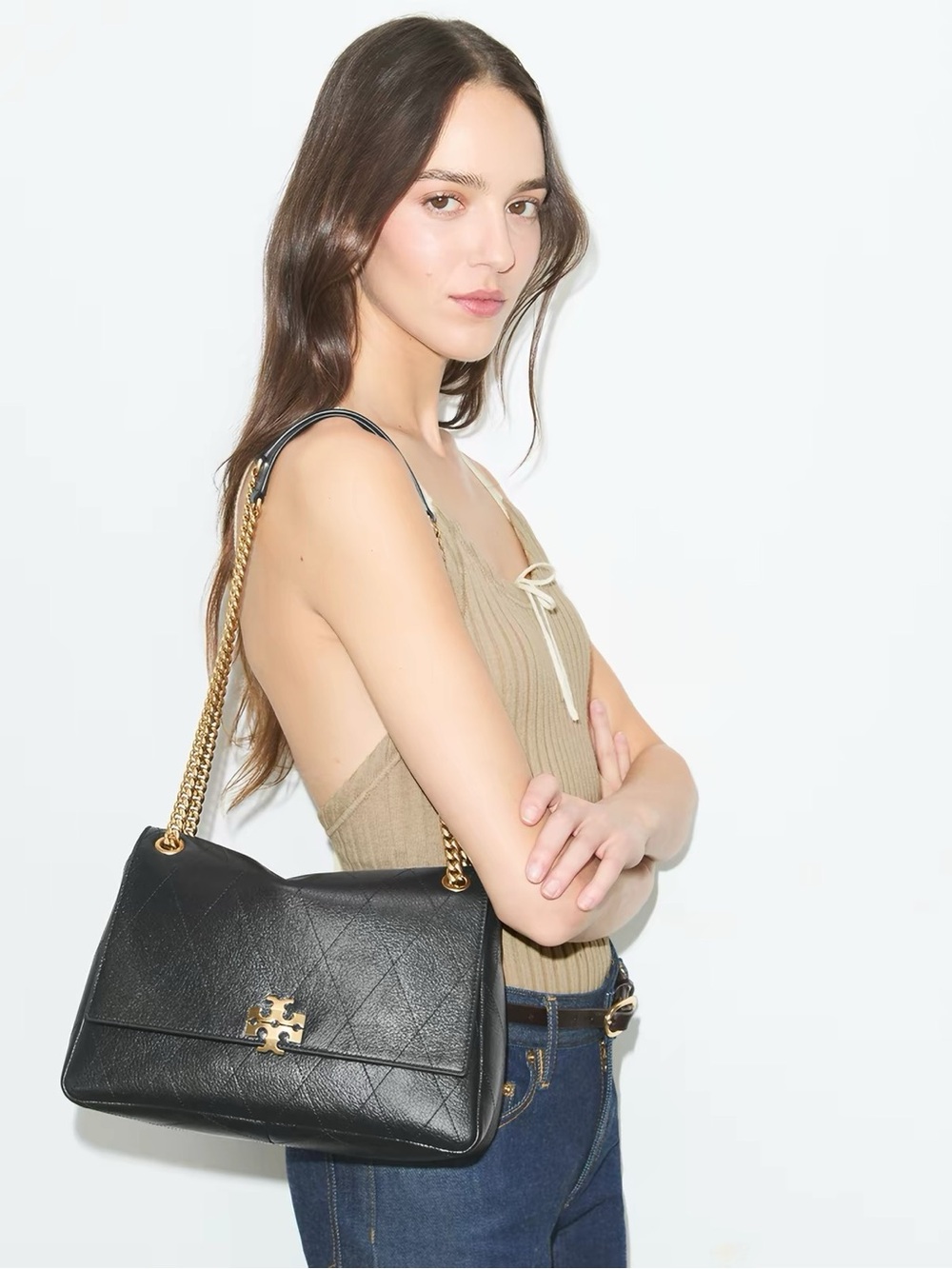 Tory Burch Black Quilted Leather Shoulder Bag with Gold Hardware